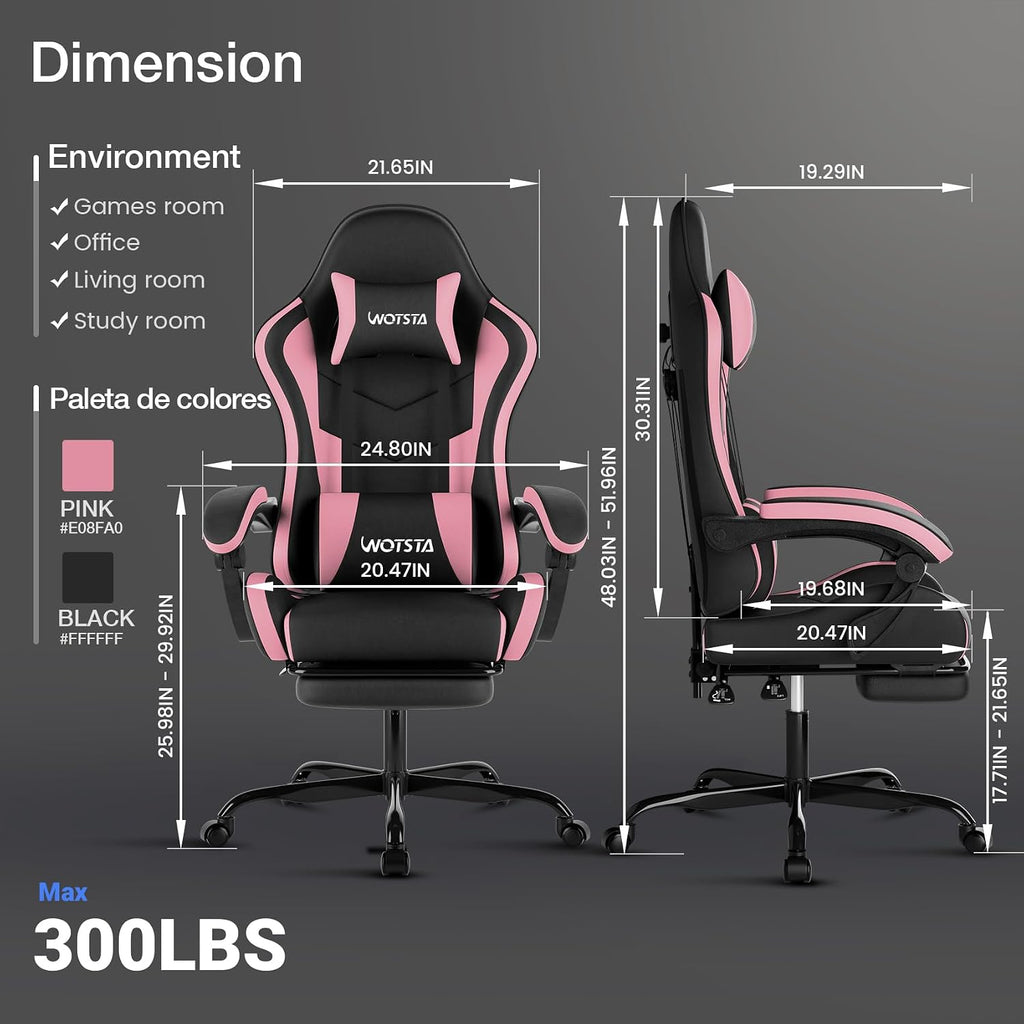 Gaming Chair with Footrest, Ergonomic Gaming Chair, Computer Chair with Lumbar Support, Headrest, Height Adjustable PC Chairs with 360° Swivel Seat for Office or Gaming Blackpink