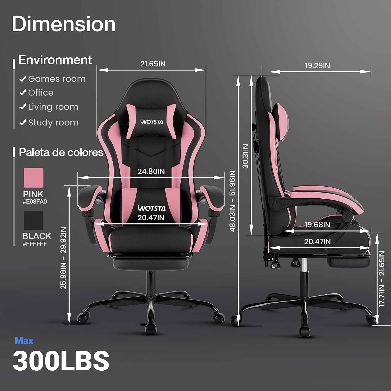 Gaming Chair with Footrest, Ergonomic Gaming Chair, Computer Chair with Lumbar Support, Headrest, Height Adjustable PC Chairs with 360° Swivel Seat for Office or Gaming Blackpink