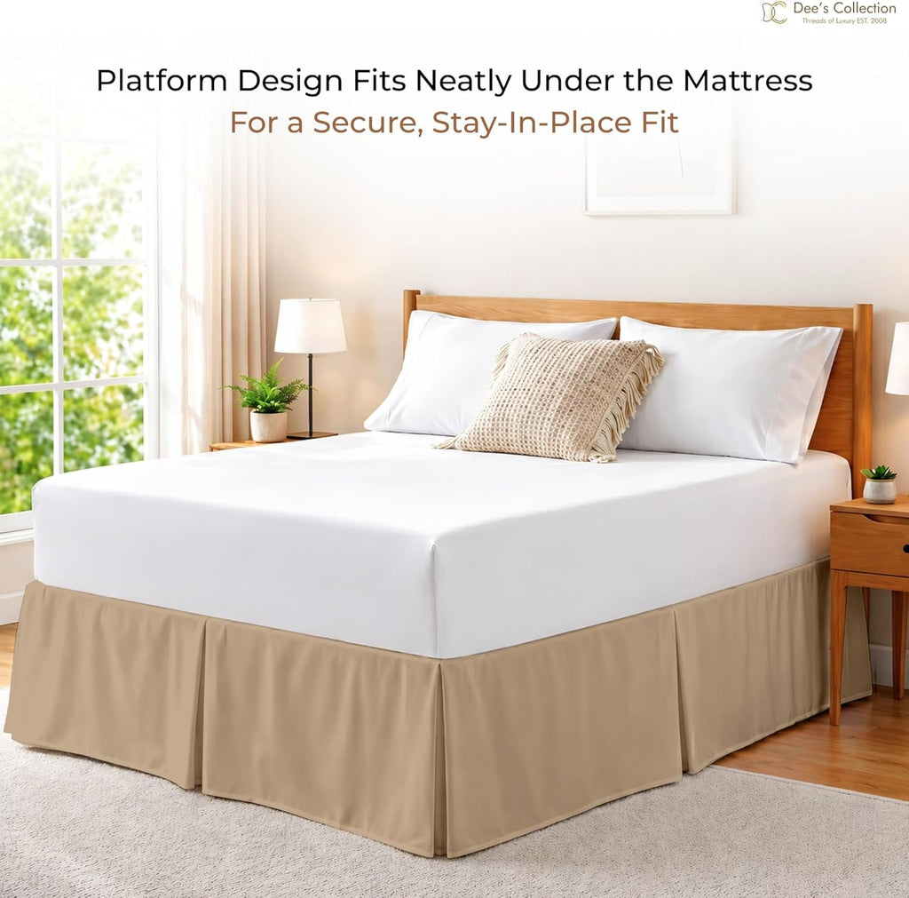 Dee's Collection King Size Bed Skirt 10" Drop Hotel Quality Pleated Dust Ruffle with Platform Style Secure Fit, Split Corners, Wrinkle & Fade Resistant Microfiber, Tailored Classic Look, Taupe