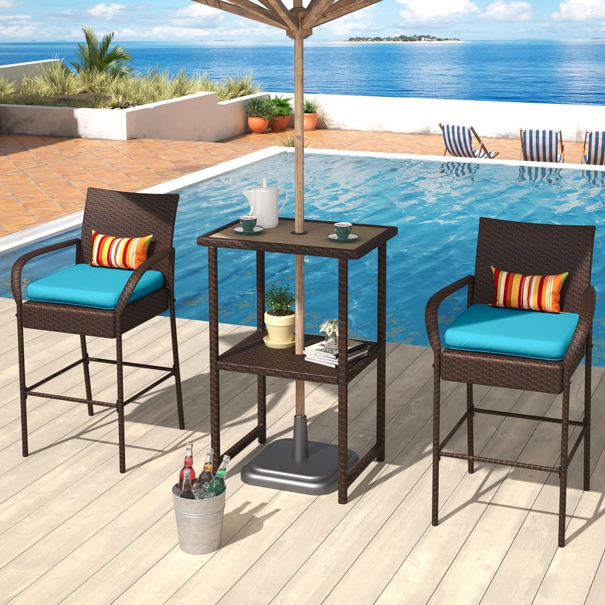 Sundale Outdoor Wicker Bar Stool Set of 4, Patio Counter Height Pub Chair with Arms, High Top Rattan Barstool, Cushion Beige, All-Weather Outdoor Rattan Furniture (Brown&Blue, Small Seat - 4 Stools)