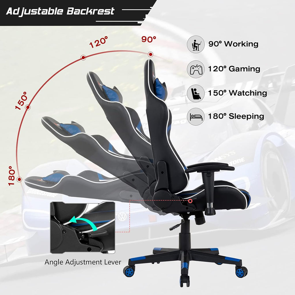 GYMAX Gaming Chair, Massage Gaming Chairs for Adults with Headrest, Lumbar Support & Armrest, Video Computer Reclining Gaming Chair, Office Desk Gamer Task Chair (Blue)