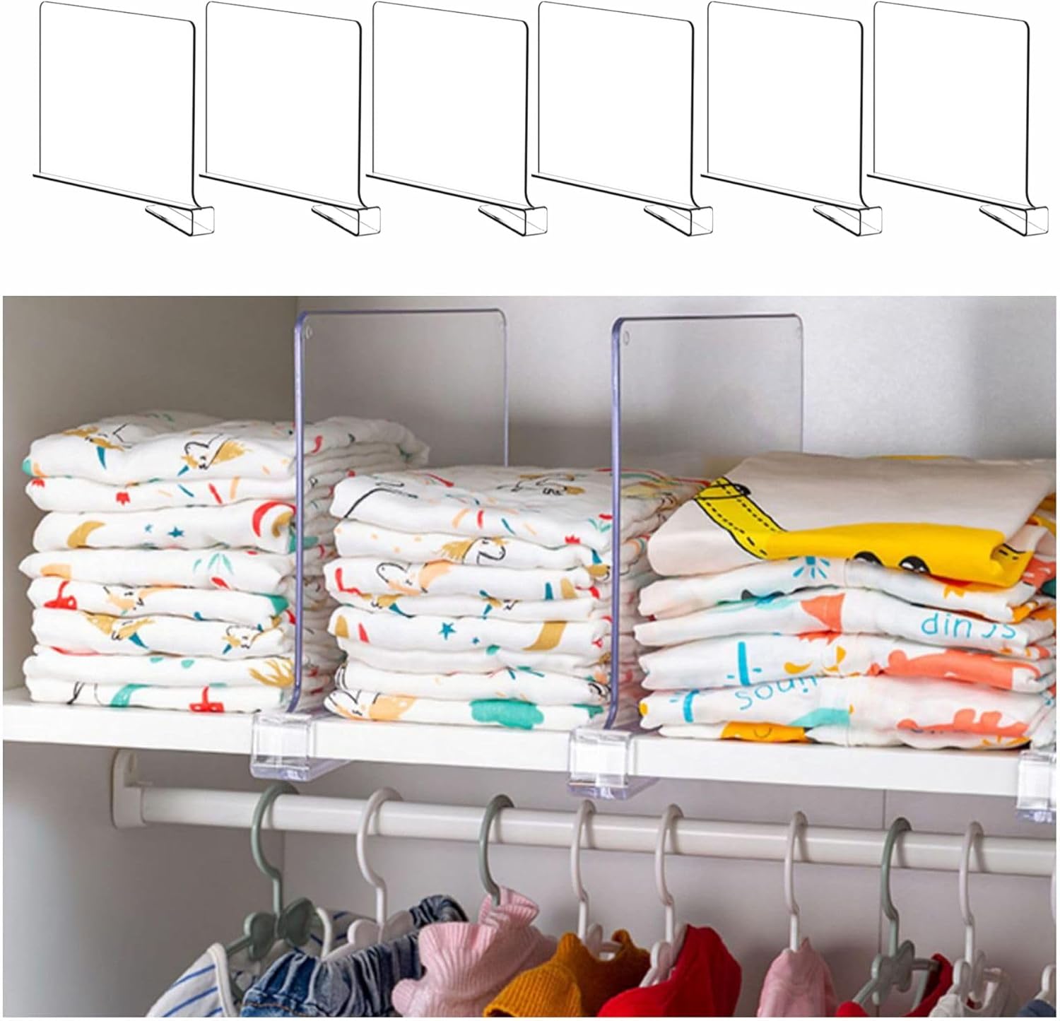Yieach 6 Pack Clear Acrylic Shelf Divider for Closet Organization - 9.2″ Tall Closet Dividers for Wood Shelves,Cupboard,Vertical Shelf Separators in Closet for T-Shirt,Purse,Handbag,Sweater Organizer