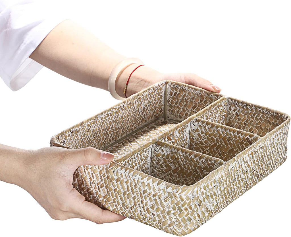 Hipiwe 4-Section Snacks Basket Serving Tray Wicker Divided Tea Bag Basket | Handwoven Seagrass Coffee Pod Organizer Sugar Packet Holder Basket Bin for Shelf Coffee Bar, Whitewash