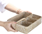 Hipiwe 4-Section Snacks Basket Serving Tray Wicker Divided Tea Bag Basket | Handwoven Seagrass Coffee Pod Organizer Sugar Packet Holder Basket Bin for Shelf Coffee Bar, Whitewash