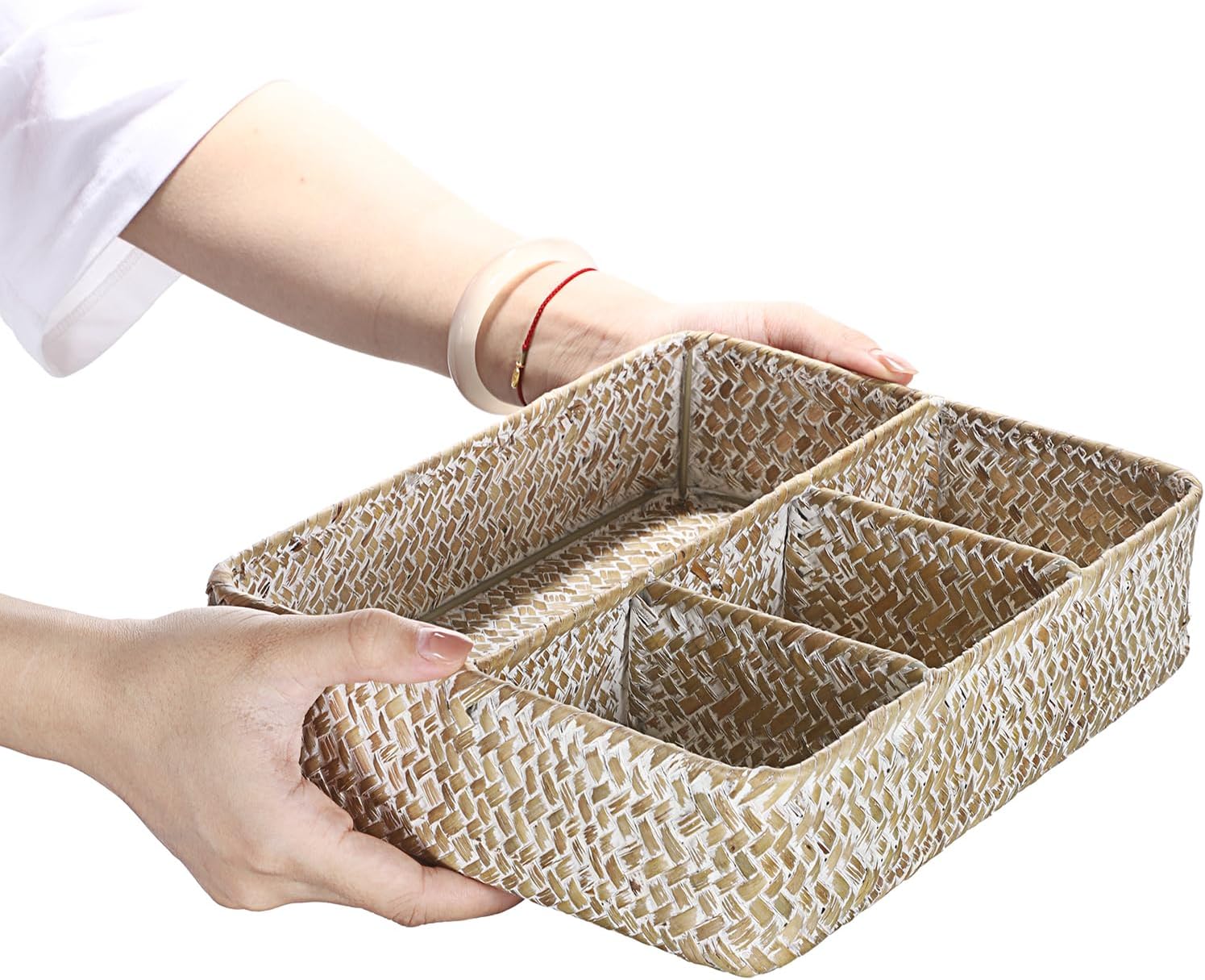 Hipiwe 4-Section Snacks Basket Serving Tray Wicker Divided Tea Bag Basket | Handwoven Seagrass Coffee Pod Organizer Sugar Packet Holder Basket Bin for Shelf Coffee Bar, Whitewash