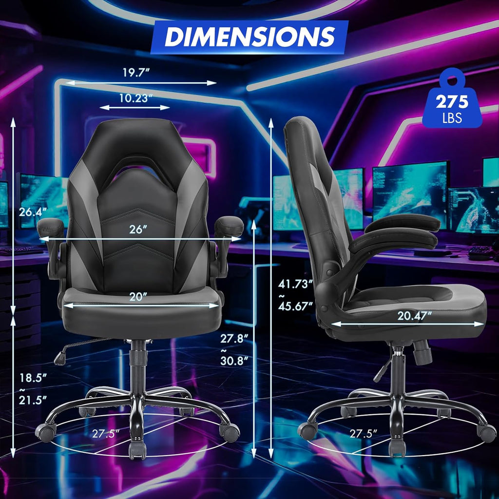 Sweetcrispy Computer Video Game Desk Chair - Ergonomic Comfy Lumbar Support, PU Leather with Flip-up Armrest, Height Adjustable and 360° Swivel, for Adults, Black Grey