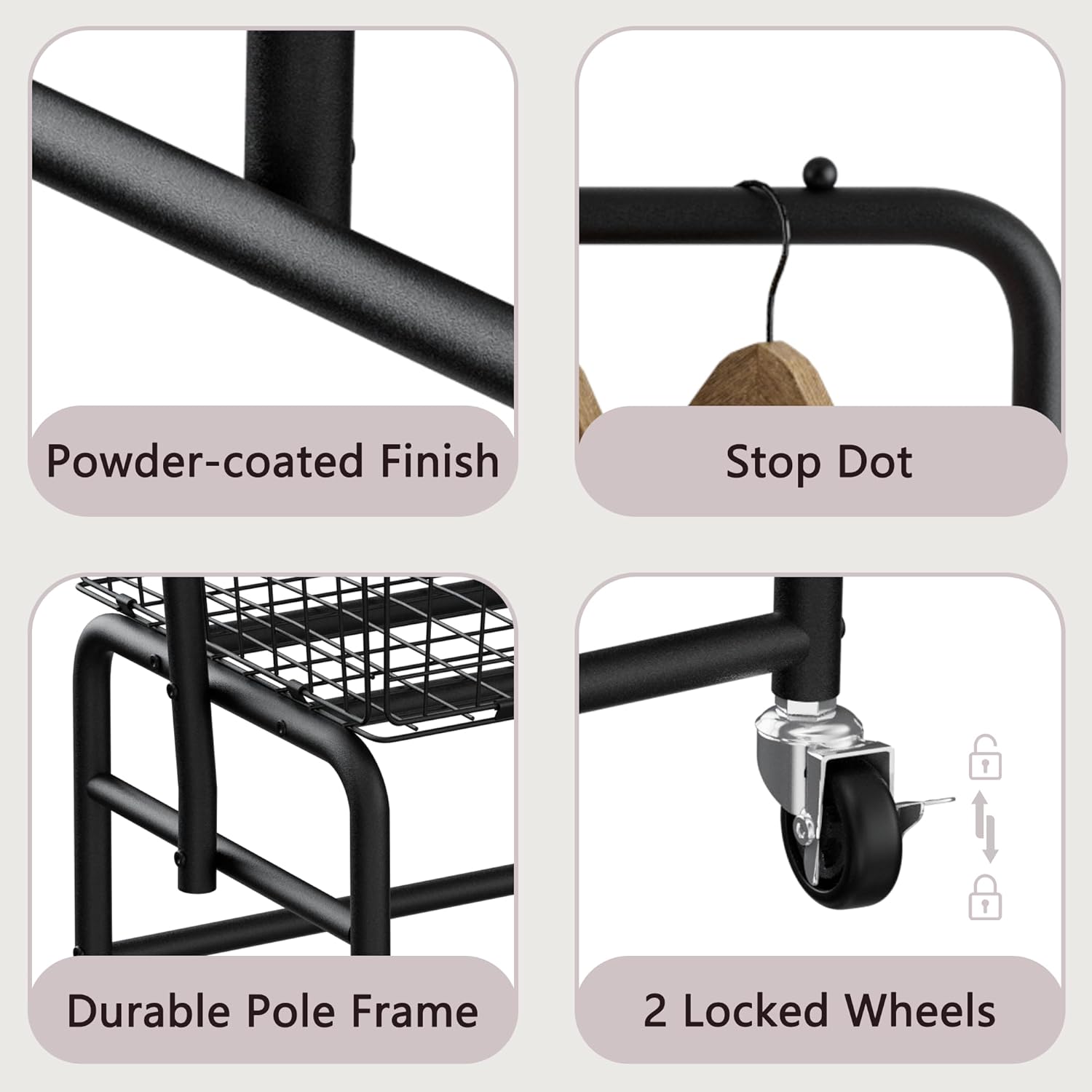 Rolling Laundry Cart with Wheels, Laundry Hamper Basket Organizer with Clothes Hanging Rack, Wire Storage Cloth Shelf Butler, Black
