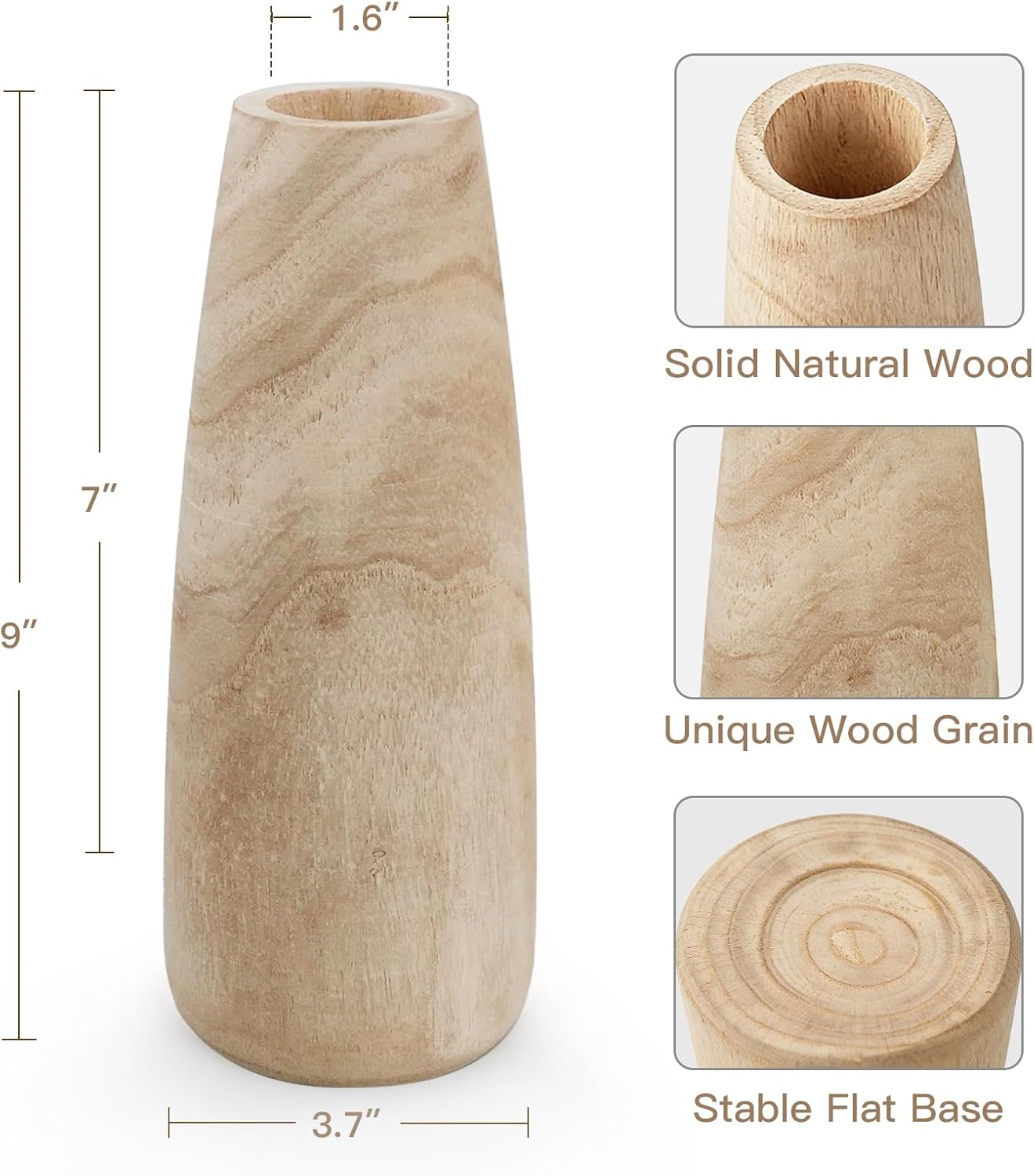 Natural Wood Vase for Dried Flowers - 9 Inch Decorative Wooden Vase, Warm Neutral Farmhouse Boho Decor for Living Room Bedroom Table Shelf