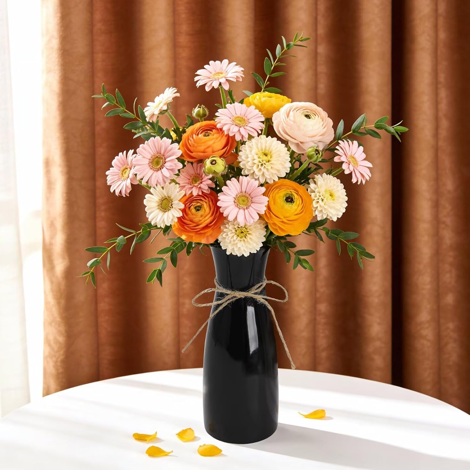 Small Vase Black Ceramic Jute Rope Simple Vases for Home Decor Minimalist Modern Flower Vase Elegant Decorative Glossy Vase for Pampas Grass, Office, Living Room, Mantel and Bedroom Décor