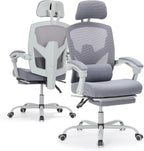 Ergonomic Office Chair with Footrest, High Back Home Desk Chair with Lumbar Support & Headrest, 90-135° Reclining Mesh Back Computer Chair with Wheels for Work, Gaming, Grey