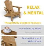 Kingdura Foldable Adirondack Chair, Portable HDPE All Weather Resistant Outdoor Patio Chairs, Wooden Textured with Cup Holder, 380LBS Capacity for Poolside, Backyard, Deck, Fire Pit (Brown)