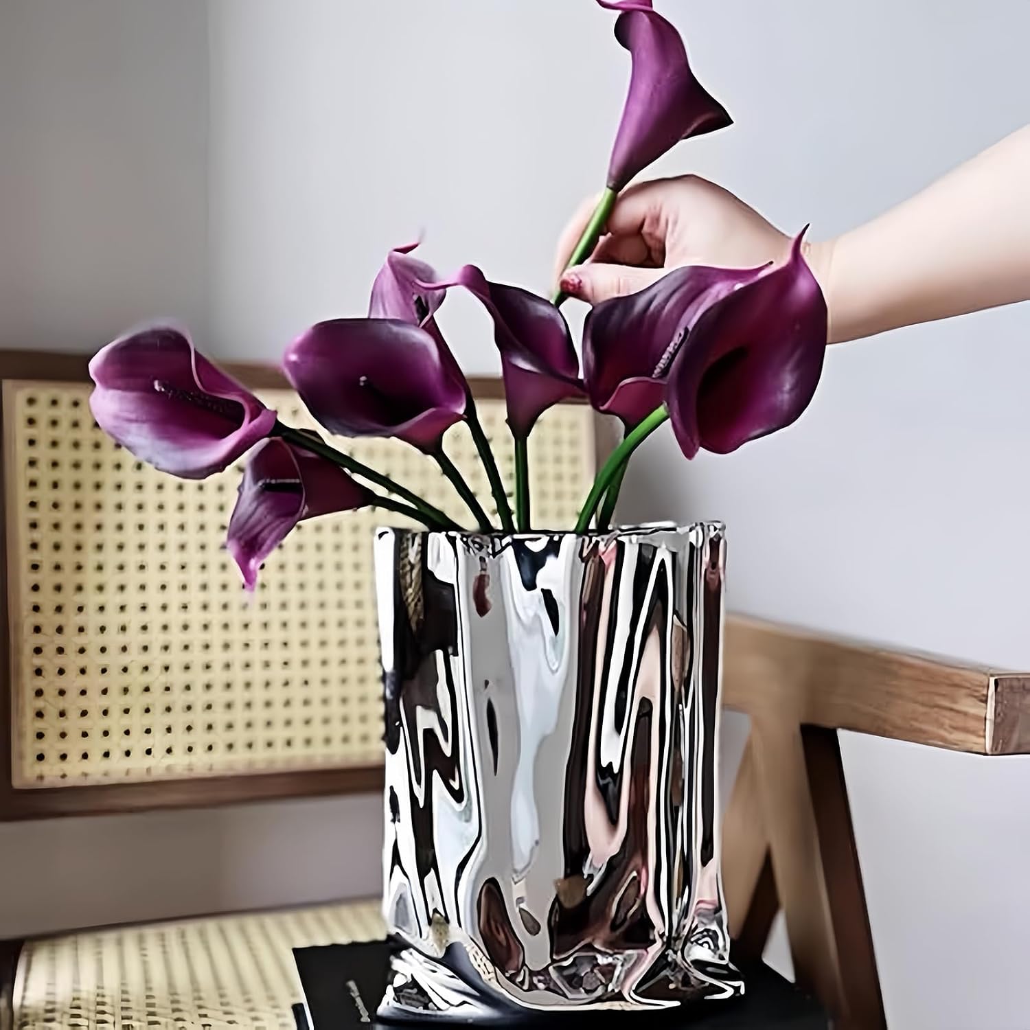 Ceramic Flower Vase, Crinkle Paper Bag Shape, Silver Metal, Modern Home Decor (X-Large)
