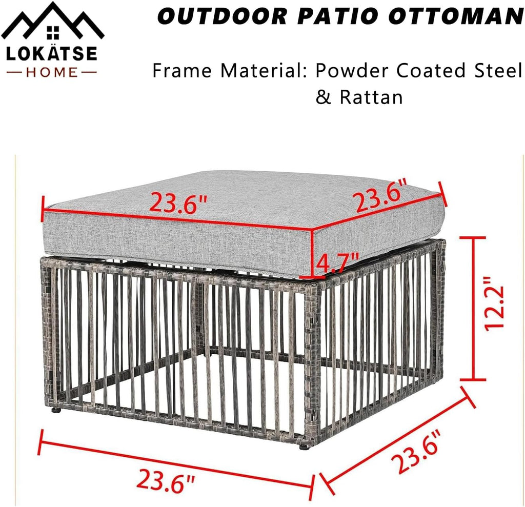 LOKATSE Home Patio Footstool Outdoor Ottoman with Soft Thick Cushion for Garden Yard Deck Poolside, Gray