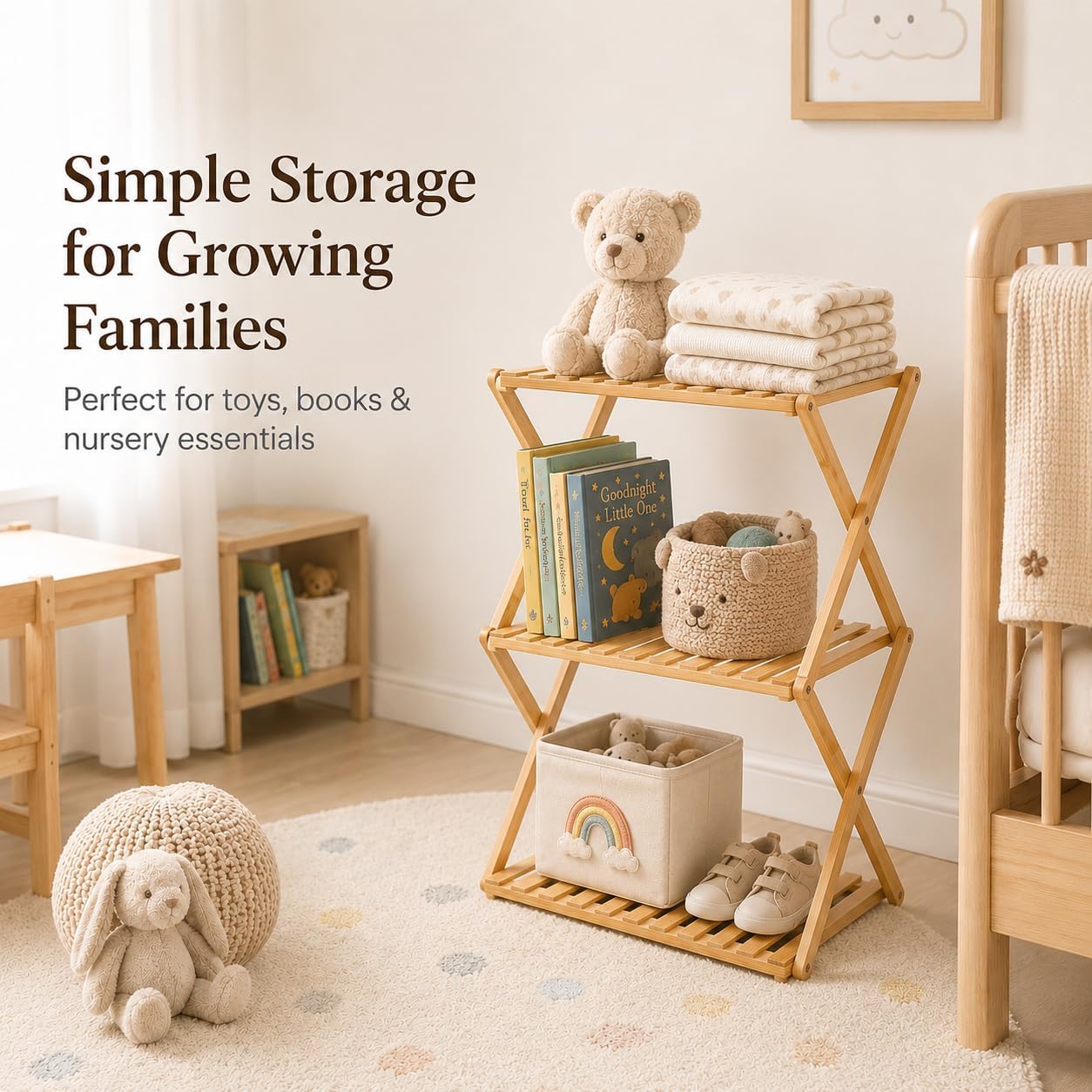 3-Tier Bamboo Folding Shelf, Multi-Purpose Storage Rack for Shoes, Plants, Camping Gear, Entryway, Closet, Bedroom, Hallway & Outdoor Use, Space-Saving Foldable Organizer