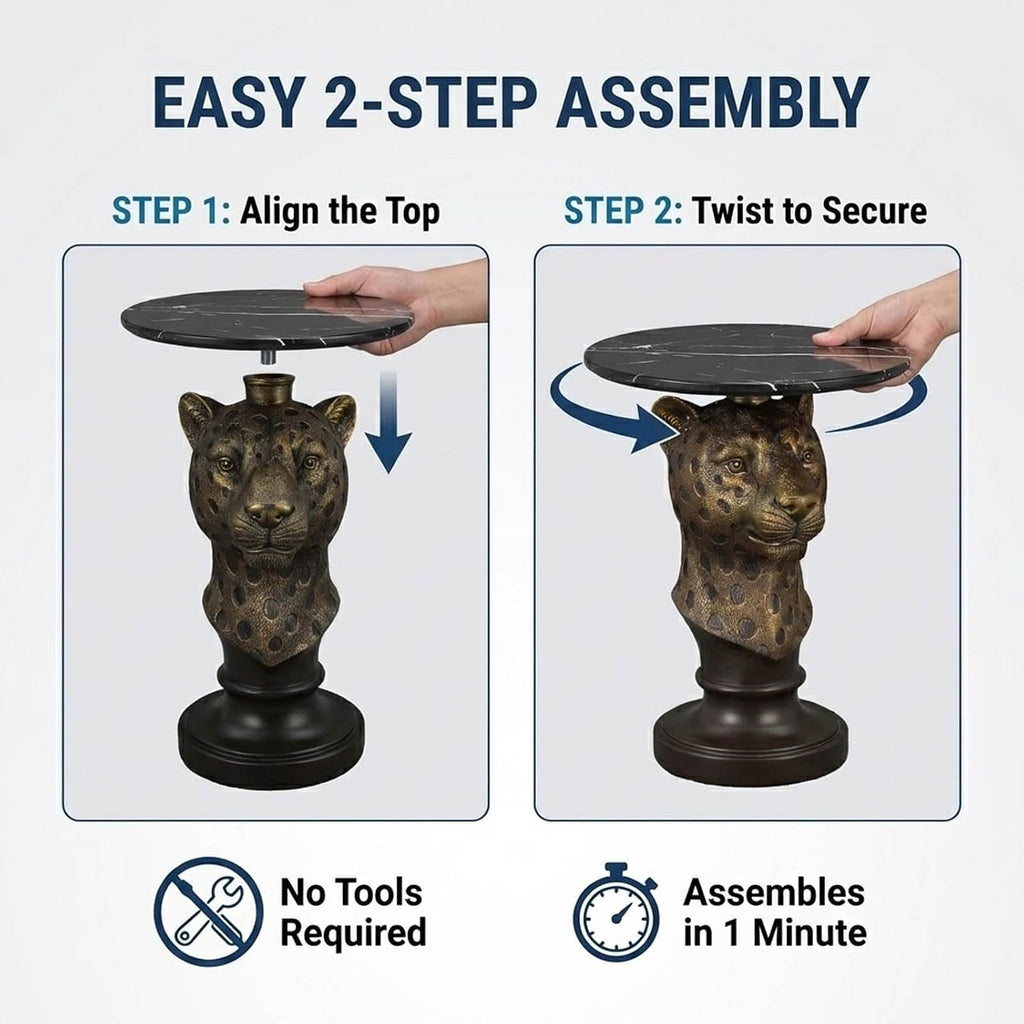 Animal Accent Side Table with Faux Marble Top, Art Deco End Table with Leopard Base, Unique Statue Table for Living Room Bedroom Entryway Home Office