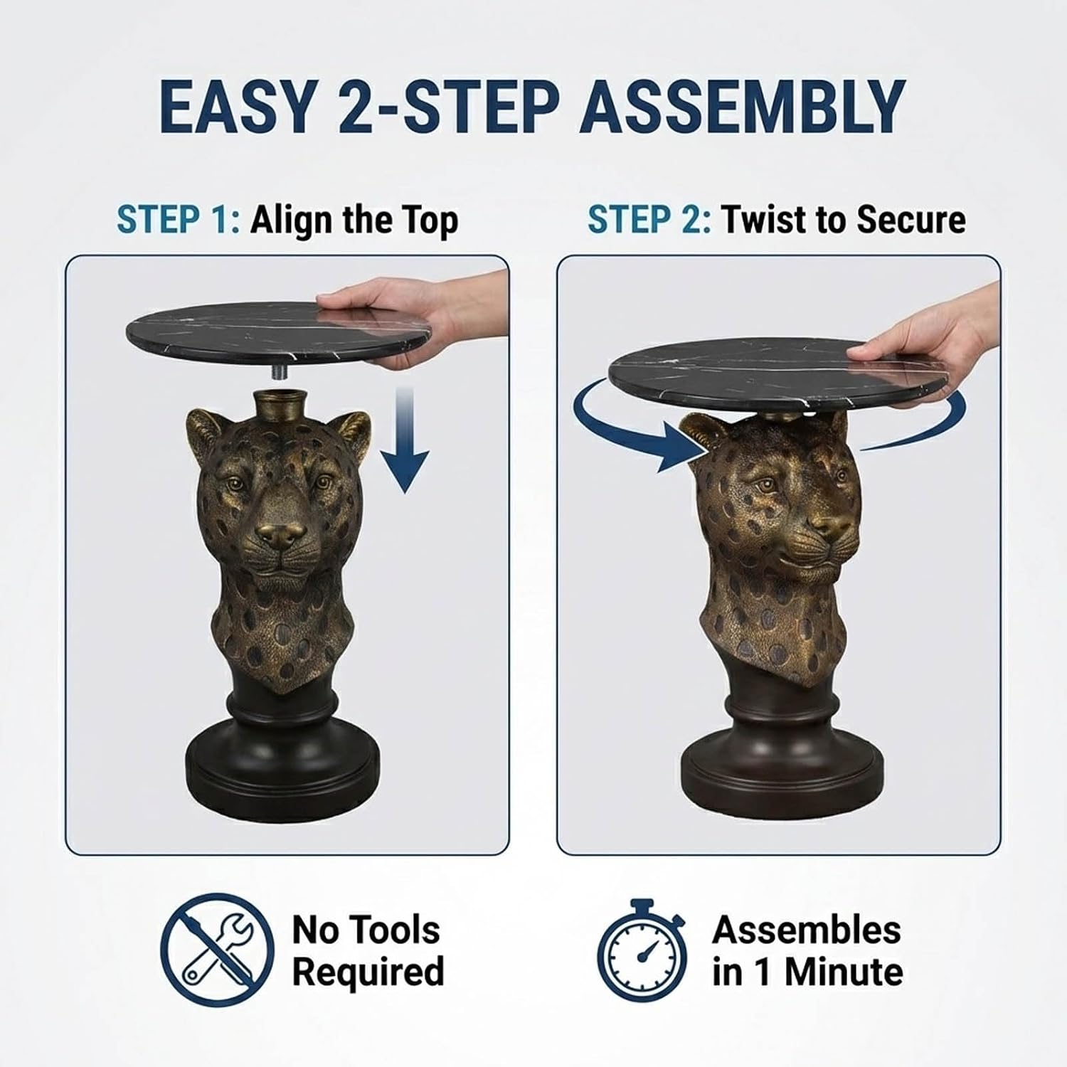Animal Accent Side Table with Faux Marble Top, Art Deco End Table with Leopard Base, Unique Statue Table for Living Room Bedroom Entryway Home Office