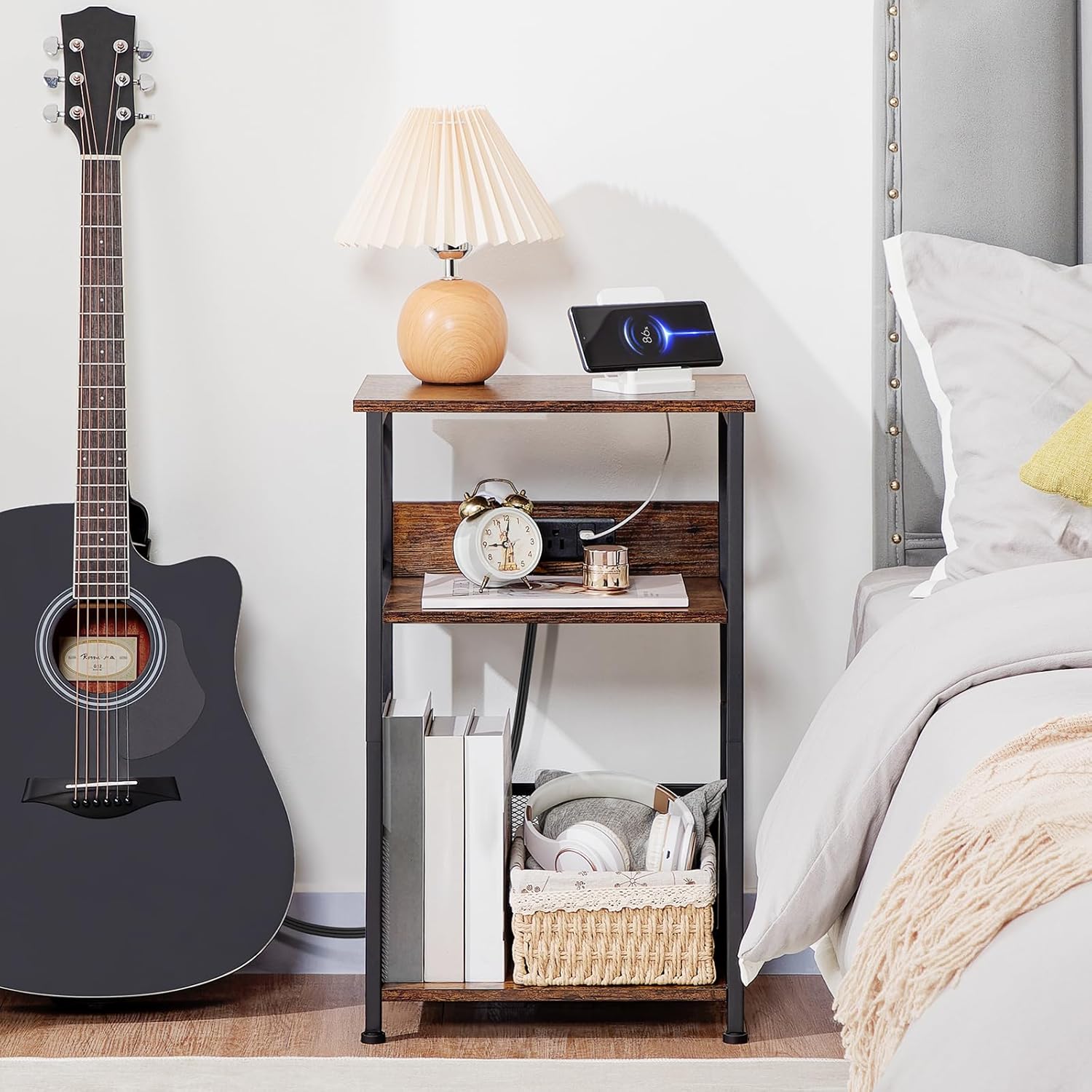 AMHANCIBLE Record Player Stand with Charging Station, Turntable Stand with Storage Cabinet, 3 Tier End Table Hold Up to 100 Albums, Record Table for Vinyl, Living Room, Rustic Brown, HETCD01BR-1