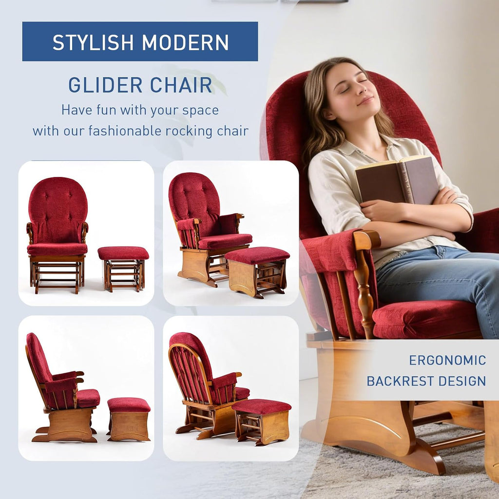 Wooden Base Rocking Chair, Silent Rocking Motion, Feeding Chair, Nursing Rocker with Footstool, Sturdy and Easy to Assemble, Burgundy