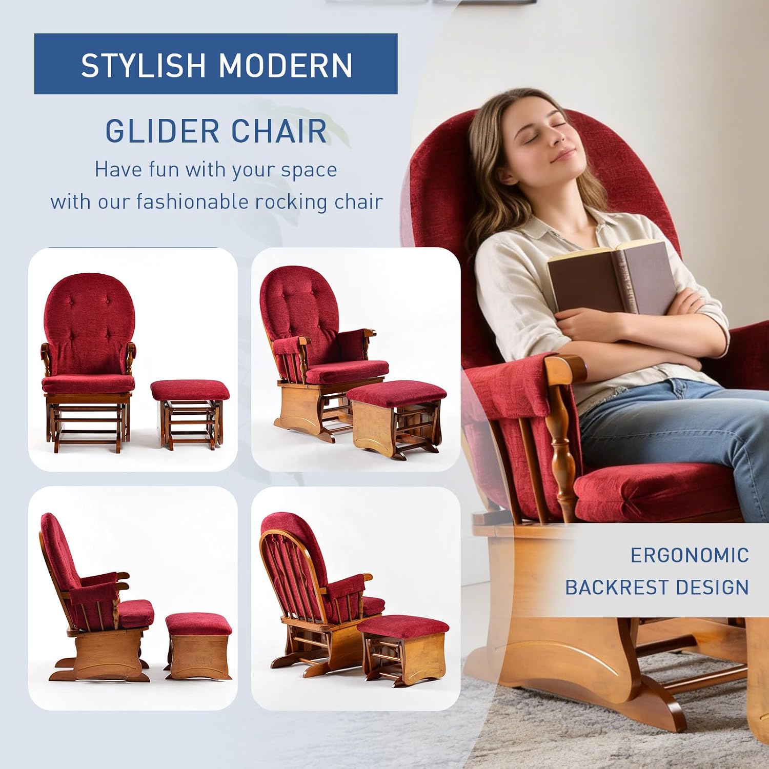 Wooden Base Rocking Chair, Silent Rocking Motion, Feeding Chair, Nursing Rocker with Footstool, Sturdy and Easy to Assemble, Burgundy
