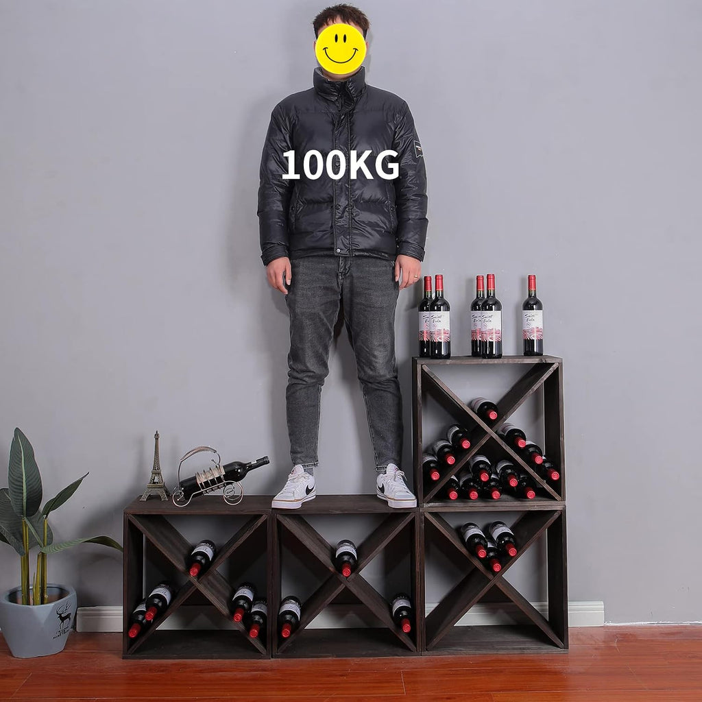 Wine Rack Cabinet countertop Wooden Stackable Storage Retro Cube 24 Bottles freestanding Floor Wine Holder Stand (Black)