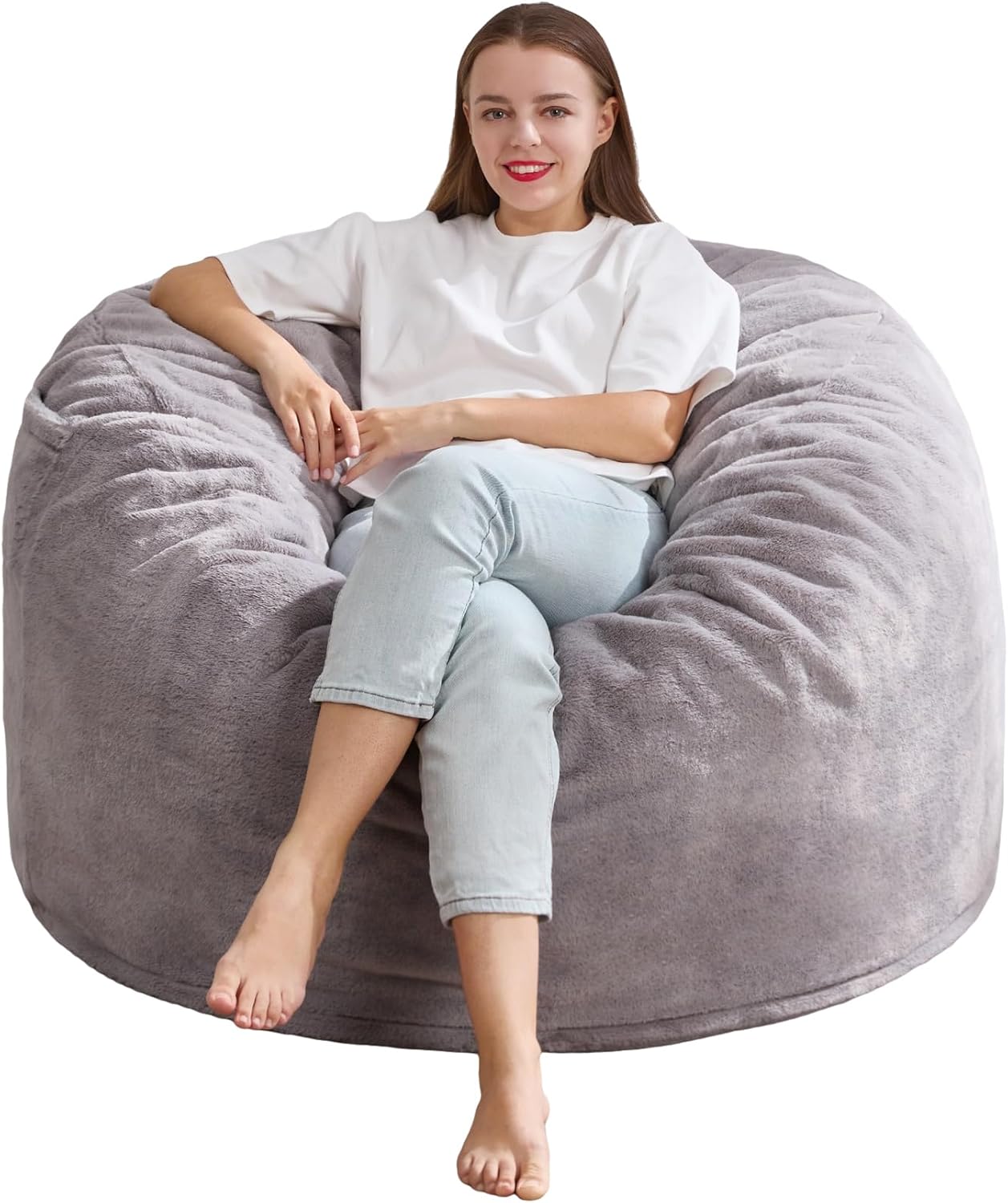 Hobestluk Adult Bean Bag Chair 3FT Large Lounger with Plush Cover, Grey | Memory Foam Filled, Removable and Washable Cover, Portable Handle, Relaxing, Reading, Medium, Skin-Friendly Plush Faux Fur