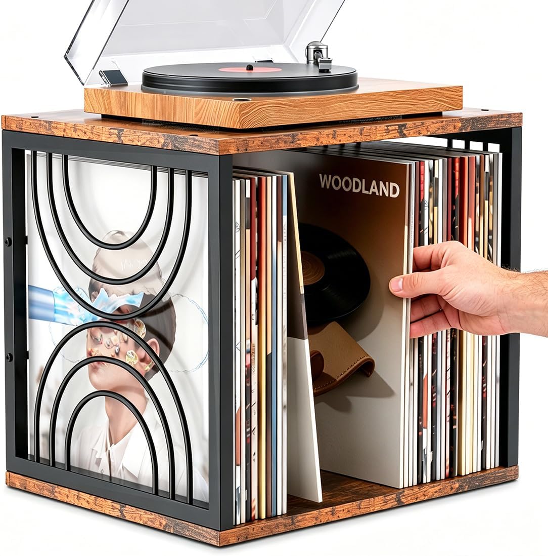 Wood Vinyl Record Storage,DIY Stackable Record Holder,Holds 80-100 LPs,Retro Vinyl Holder, Visualize Album Crate Cube,Top Supports Turntable in Bedroom Living Room Music Corner for 7/10/12In