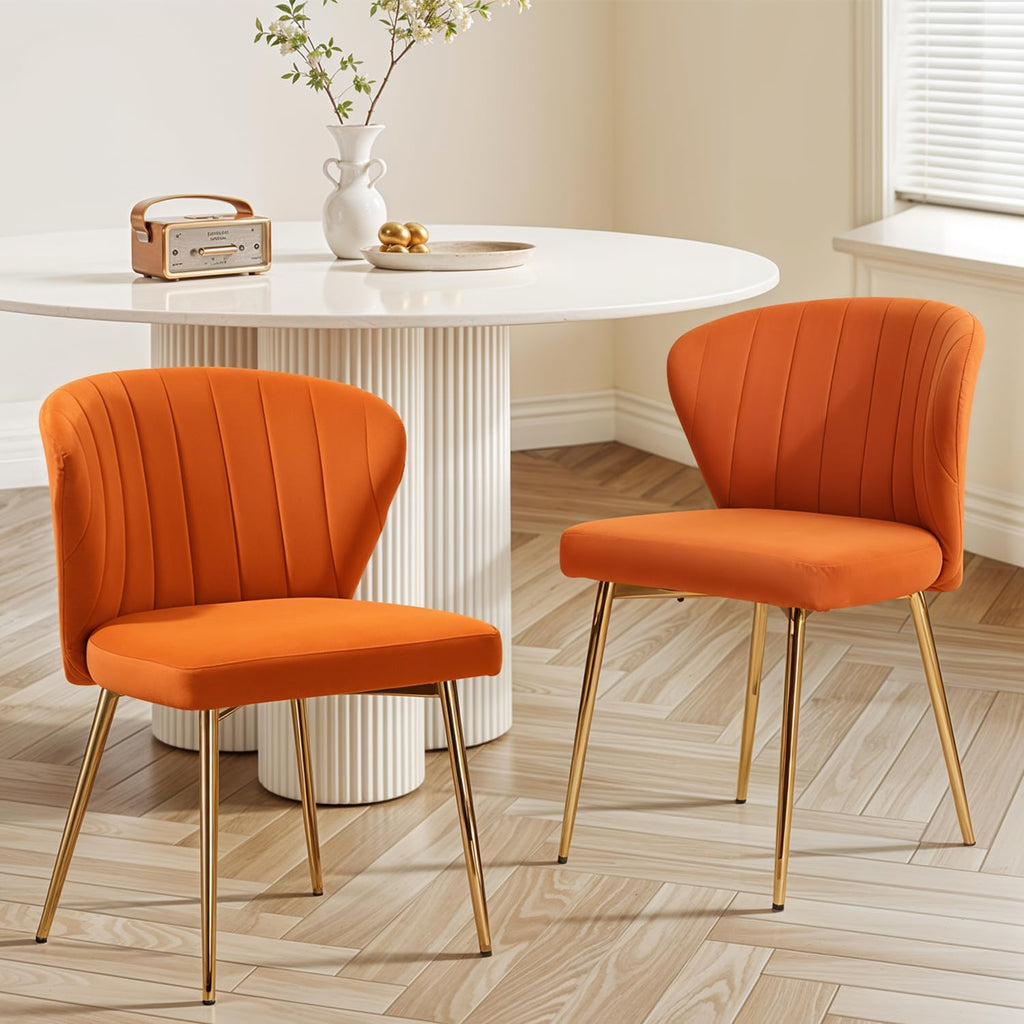 MOJAY Velvet Dining Chairs Set of 2, Modern Upholstered Dining Room Chairs with Gold Metal Legs, Accent Vanity Chairs for Kitchen, Living Room, Patio (Orange)