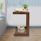 Bacocoo 40cm C Shaped End Table,Natural Wood Color Rubber Wood Small Side Table with 4 Universal Wheels,Mobile Sofa Side Table with Storage Shelf,Table for Living Room, Bedroom,Office. (Walnut Color)