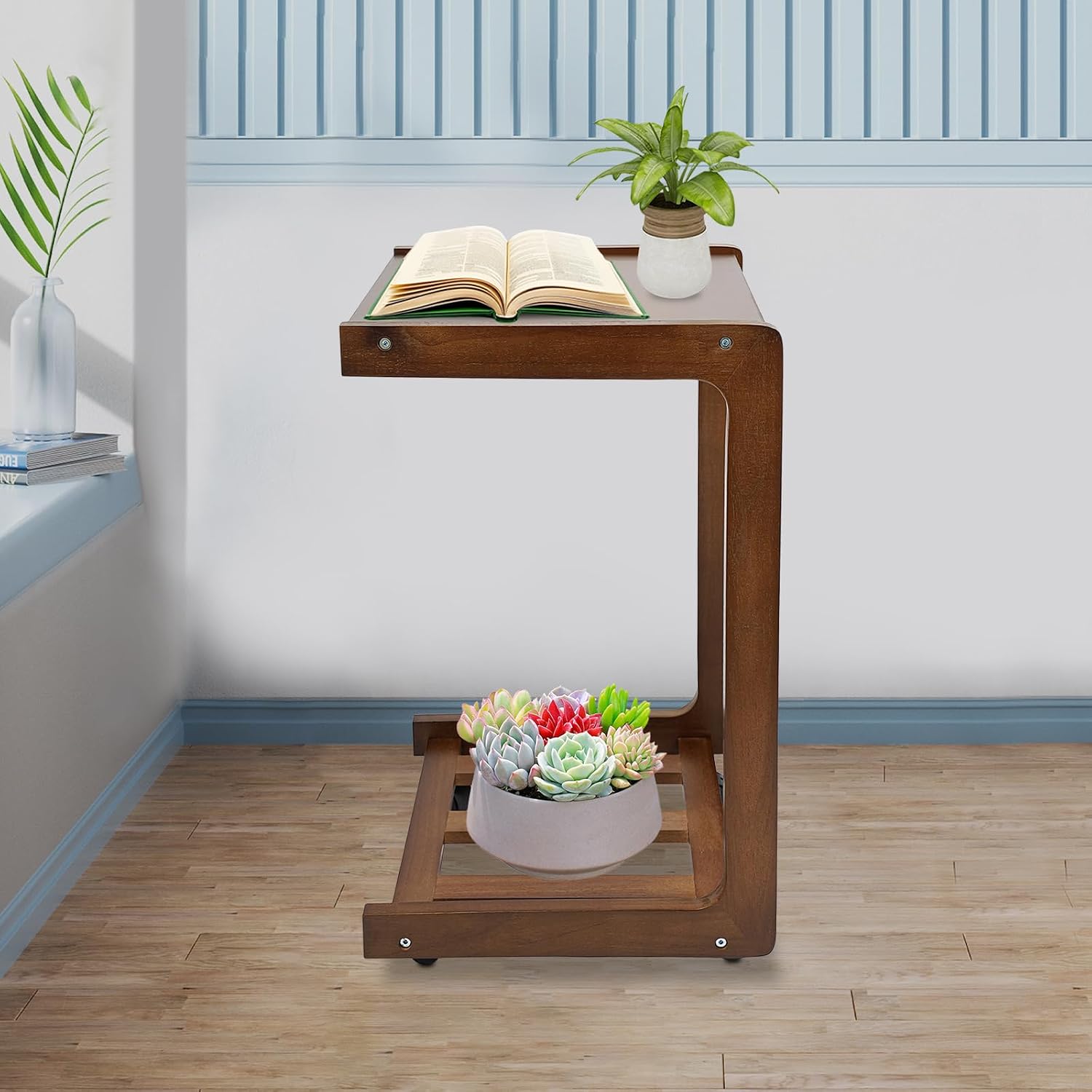 Bacocoo 40cm C Shaped End Table,Natural Wood Color Rubber Wood Small Side Table with 4 Universal Wheels,Mobile Sofa Side Table with Storage Shelf,Table for Living Room, Bedroom,Office. (Walnut Color)