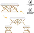 unipaws Modern Nesting Coffee Table Set of 3, Faux Marble Top with Golden Frame, Coffee Table with 2 Square End Side Tables, Perfect for Living Room, Apartment, Office