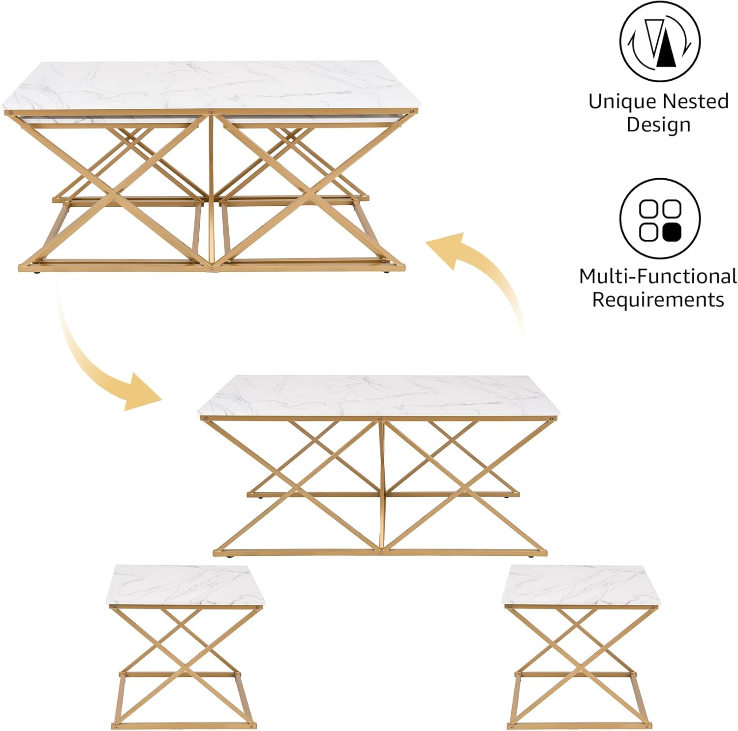 unipaws Modern Nesting Coffee Table Set of 3, Faux Marble Top with Golden Frame, Coffee Table with 2 Square End Side Tables, Perfect for Living Room, Apartment, Office