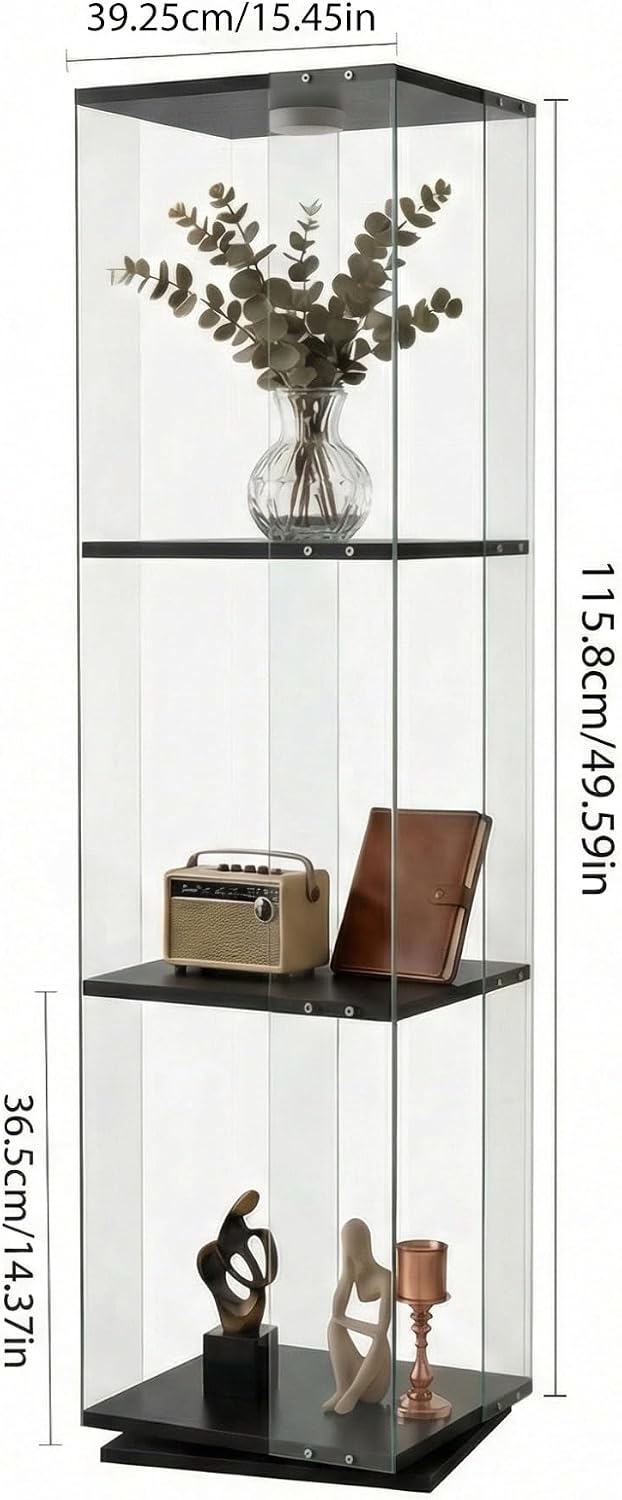 Glass Display Cabinet with Rotating Base, Curio Cabinet with LED Light, 3-Shelf Tempered Glass Display Case for Collectibles, Curio Display Cabinet for Living Room,Home Decor, Black