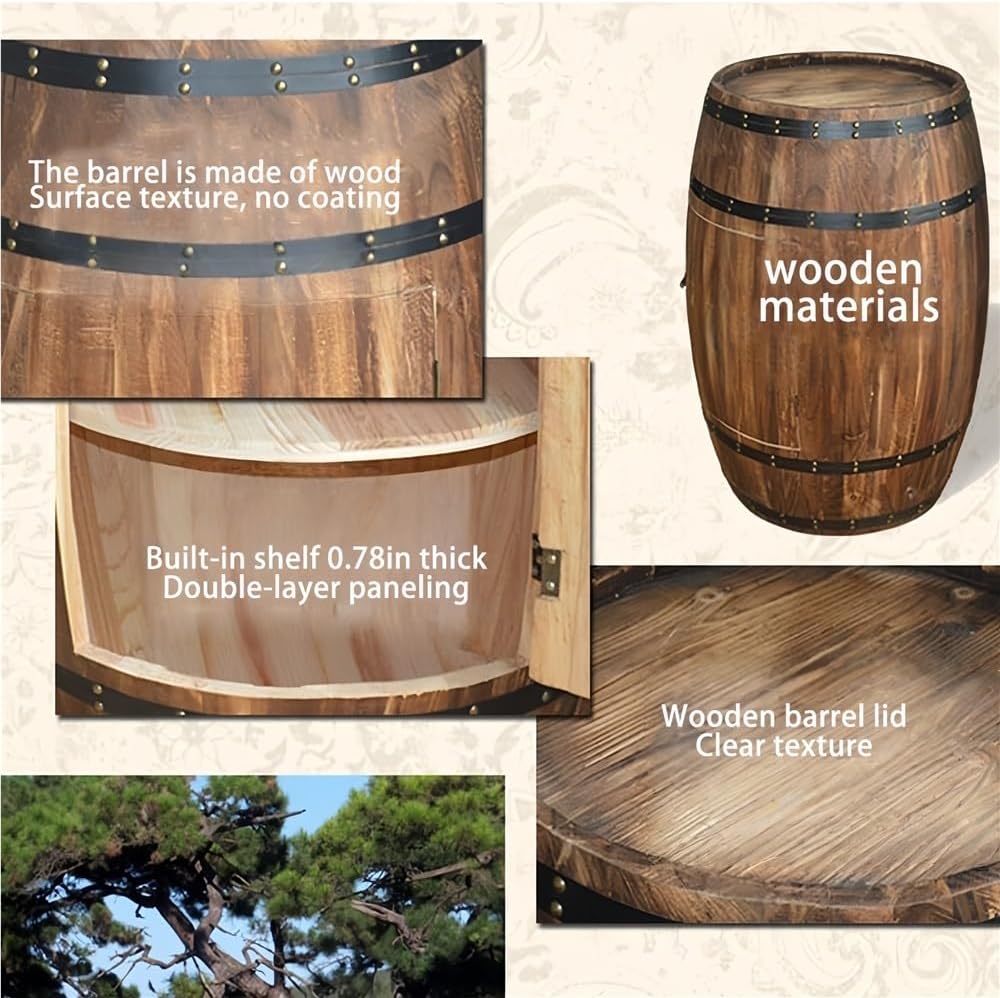 Wood Whiskey Barrel Tables, Barrels Side Table with Door, Bar Decorative Wine Cabinet with Shelf for Home, Wine Cellars and Bar(23.62 * 15.35in)