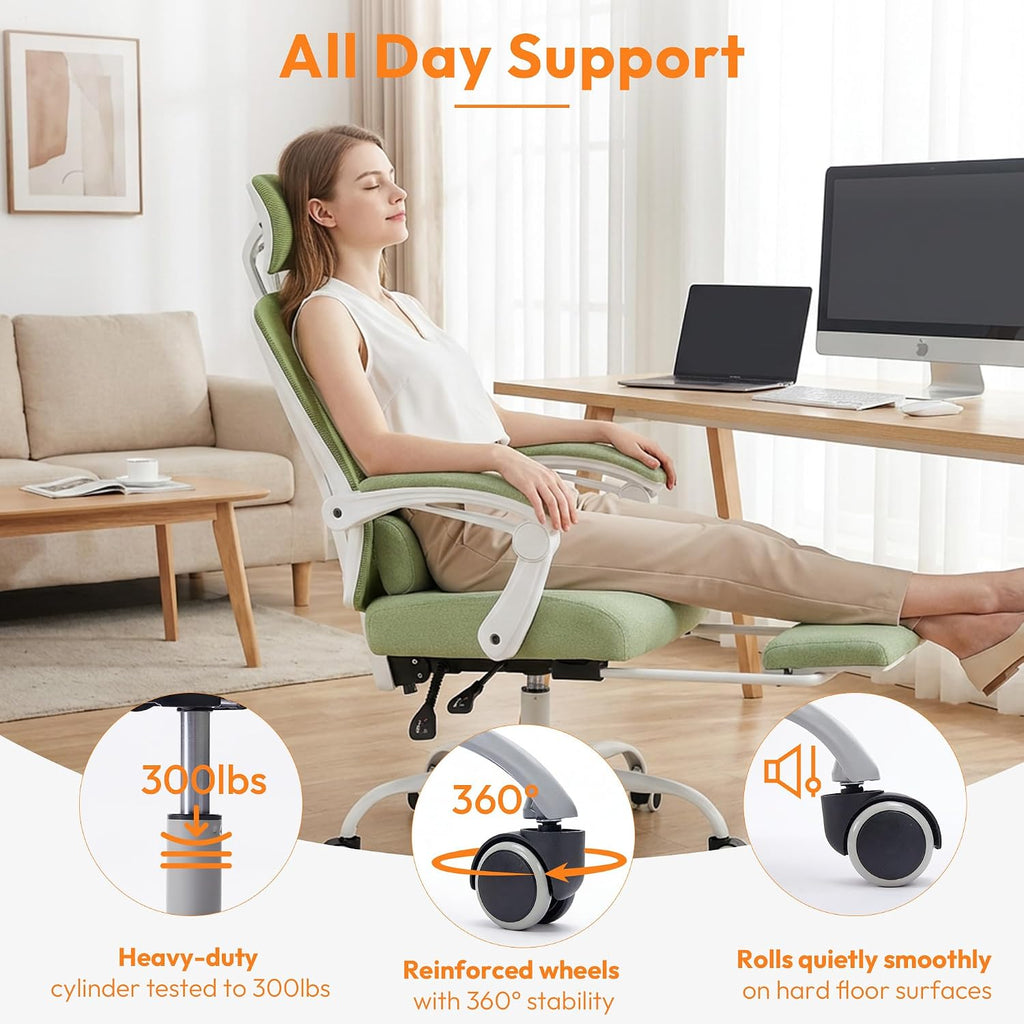 Home Office Desk Chair, Comfortable Mesh Computer Chair with Foot Rest, Reclining Gaming Chair with Headrest and Lumbar Support, 90°-130° Reclining, Light Green