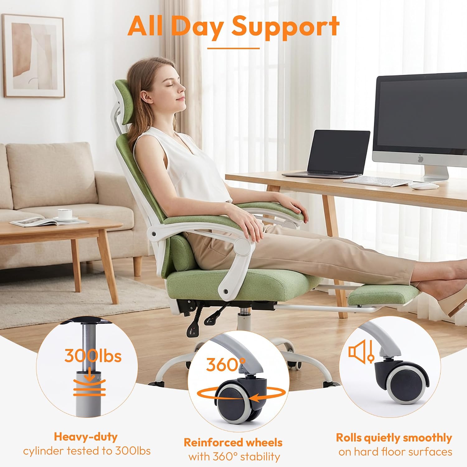 Home Office Desk Chair, Comfortable Mesh Computer Chair with Foot Rest, Reclining Gaming Chair with Headrest and Lumbar Support, 90°-130° Reclining, Light Green