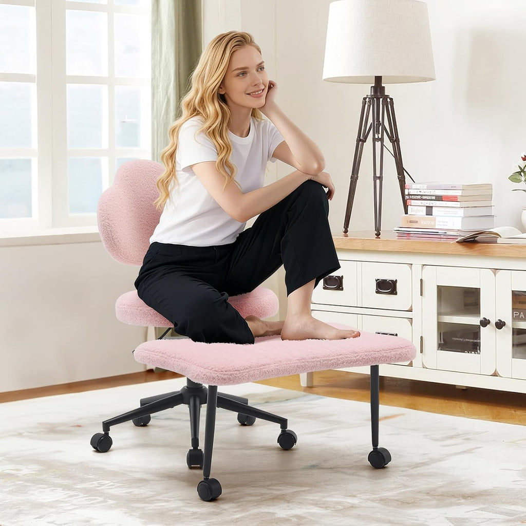 Ergonomic Cross Legged Chair, 360° Swivel Meditation Chair with Wheels, Height Adjustable Seat for Meditation, ADHD & Yoga, Teddy Fabric Yoga Stool for Home Office, Pink