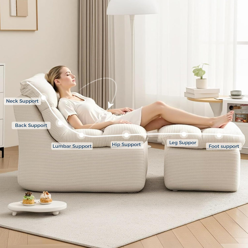 38" Bean Bag Chair with Ottoman, Big Corduroy Chaise Lounge Chairs for Adults, Tufted Upholstered Lazy Sofa for Living Room, Bedroom, Balcony, Beige