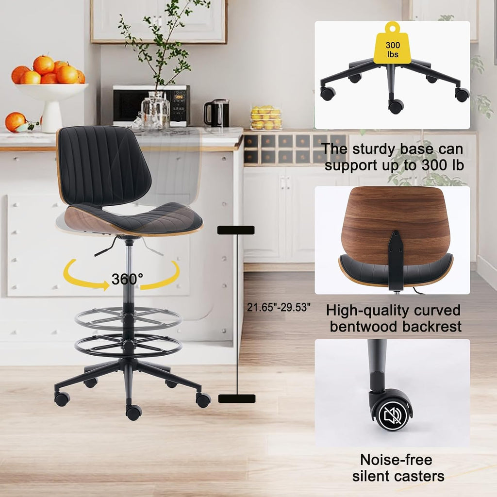 Drafting Home Office Chair, Swivel Desk Chair with Bend Wood Backrest, Ergonomic Office Chairs with Adjustable Height and Footrest Ring for Bar Lab Counter Height Desk and Drawing (Blcak)