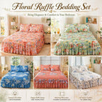 3-Piece Ruffled Bed Skirt Set with Floral Print，Floral Ruffled Bed Skirt 3-Piece Set,Elegant Soft Ruffle Skirt Bedspread with 1 Bed Skirt and 2 Pillowcases for Bedroom (＃4, 78 * 80in)
