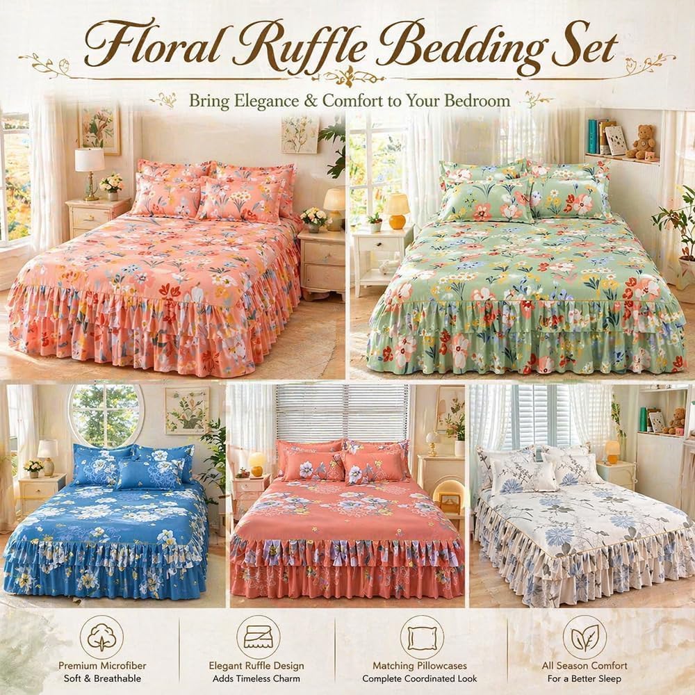 3-Piece Ruffled Bed Skirt Set with Floral Print，Floral Ruffled Bed Skirt 3-Piece Set,Elegant Soft Ruffle Skirt Bedspread with 1 Bed Skirt and 2 Pillowcases for Bedroom (＃4, 78 * 80in)