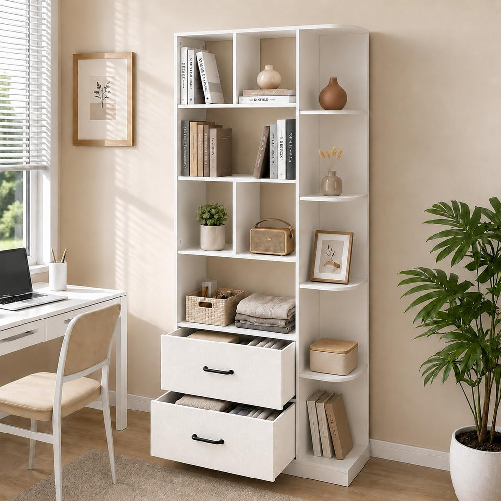 NORTHSKY Book Shelf with 2 X Fabric Drawers, 5-Tier Tall Bookshelf, Modern Wood Storage Organizer with Open Shelves for Living Room Bedroom Home Office, White