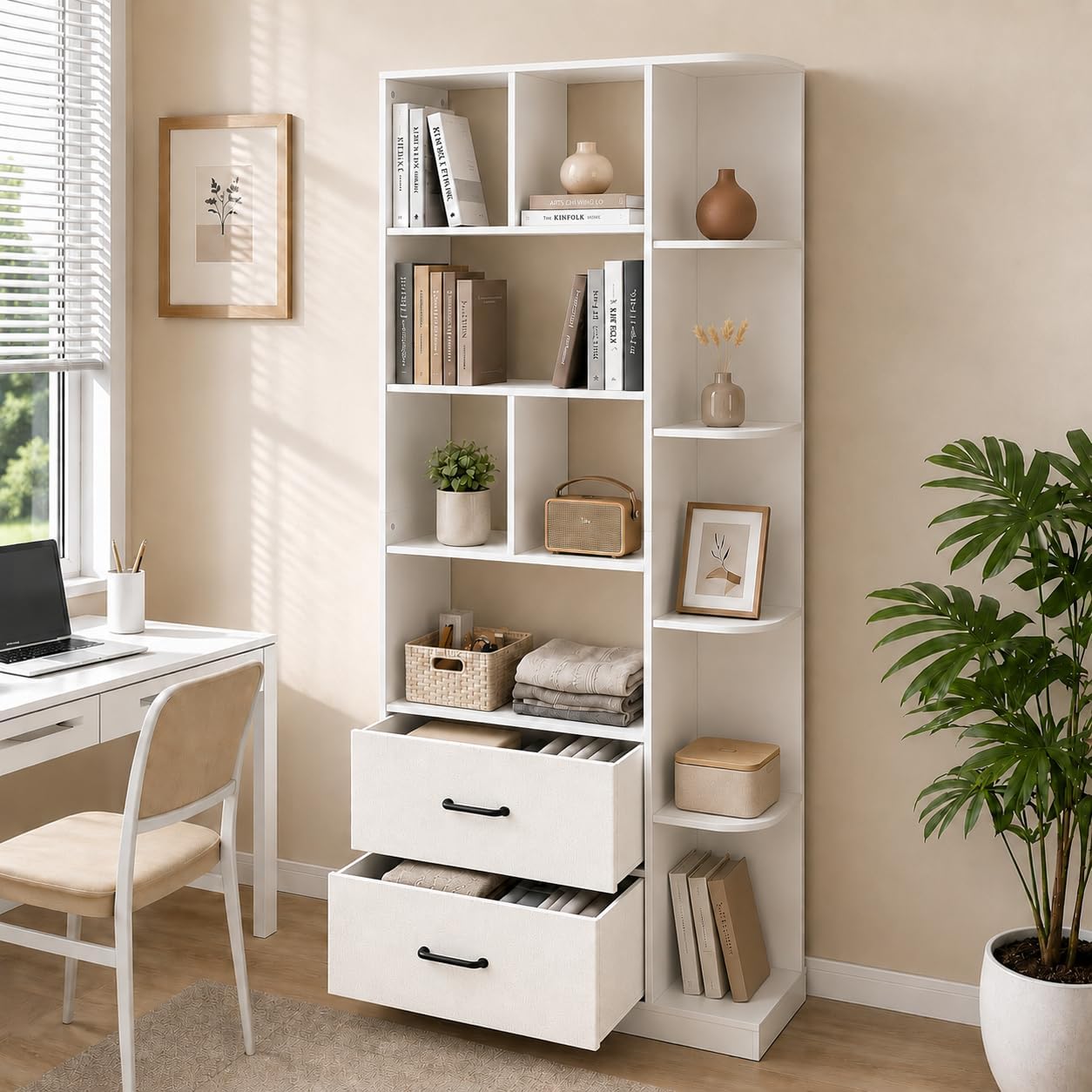 NORTHSKY Book Shelf with 2 X Fabric Drawers, 5-Tier Tall Bookshelf, Modern Wood Storage Organizer with Open Shelves for Living Room Bedroom Home Office, White