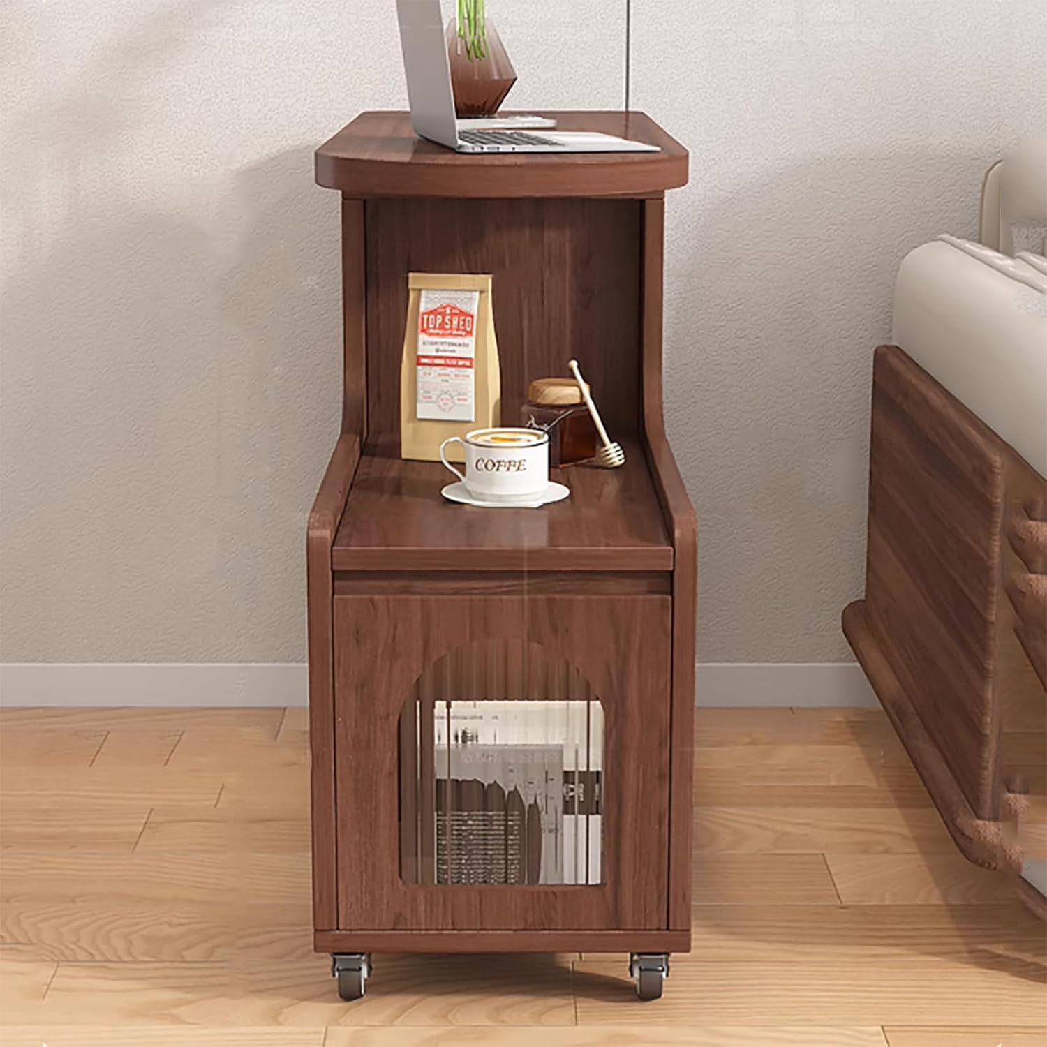 Space-Saving Swivel Trays Timber End Side Table with Storage Cabinet for Living Room and Bedroom