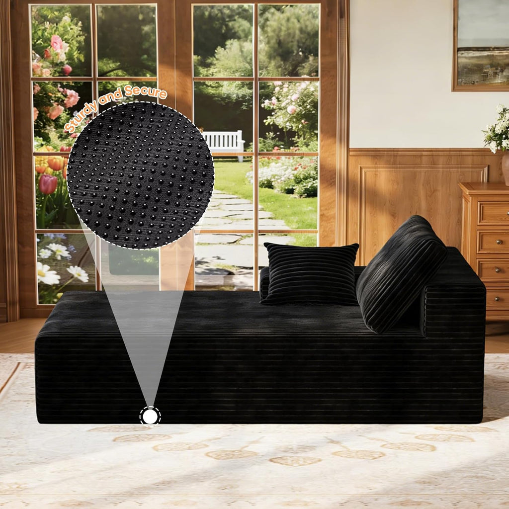 67" Sofa Bed, Boneless Chaise Lounge Chair, Plush Corduroy Upholstered Sofa Couch Bed with Pillows, Lazy Chair for Living Room Bedroom Guest Room (Black, Left Facing Chaise)
