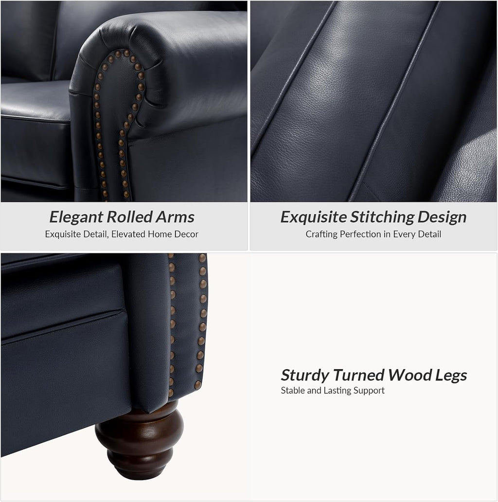 60" Wide Genuine Leather Chesterfield Loveseat, 2 Seat Leather Sofa with Rolled Arms, Nailhead Trim for Living Room Furniture, Easy Assembly – Navy