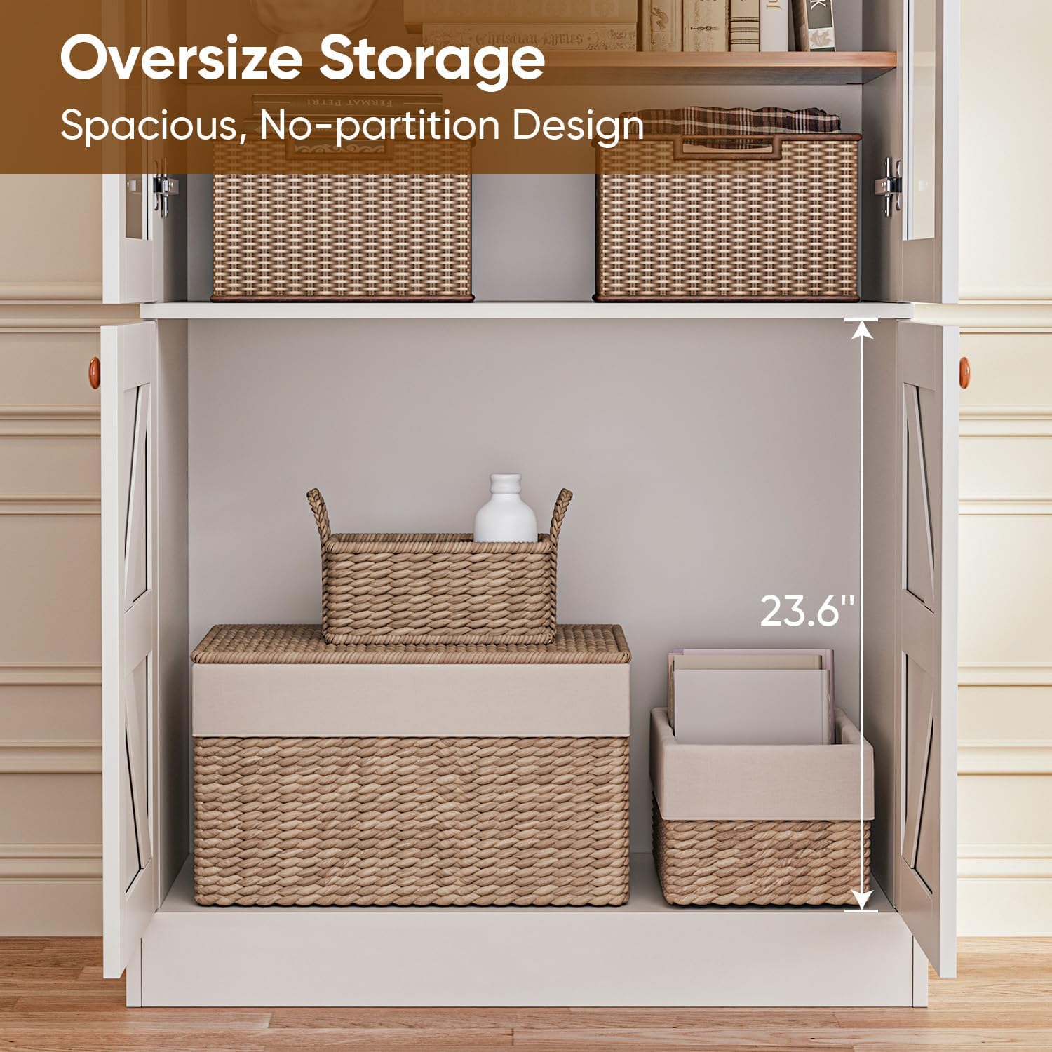Vyre 71" Tall Farmhouse Bookshelves with Glass Doors and Drawers,Large Modular Bookcase with Adjustable Shelves, Storage Cabinet for Living Room, Kitchen, Set of 4, White