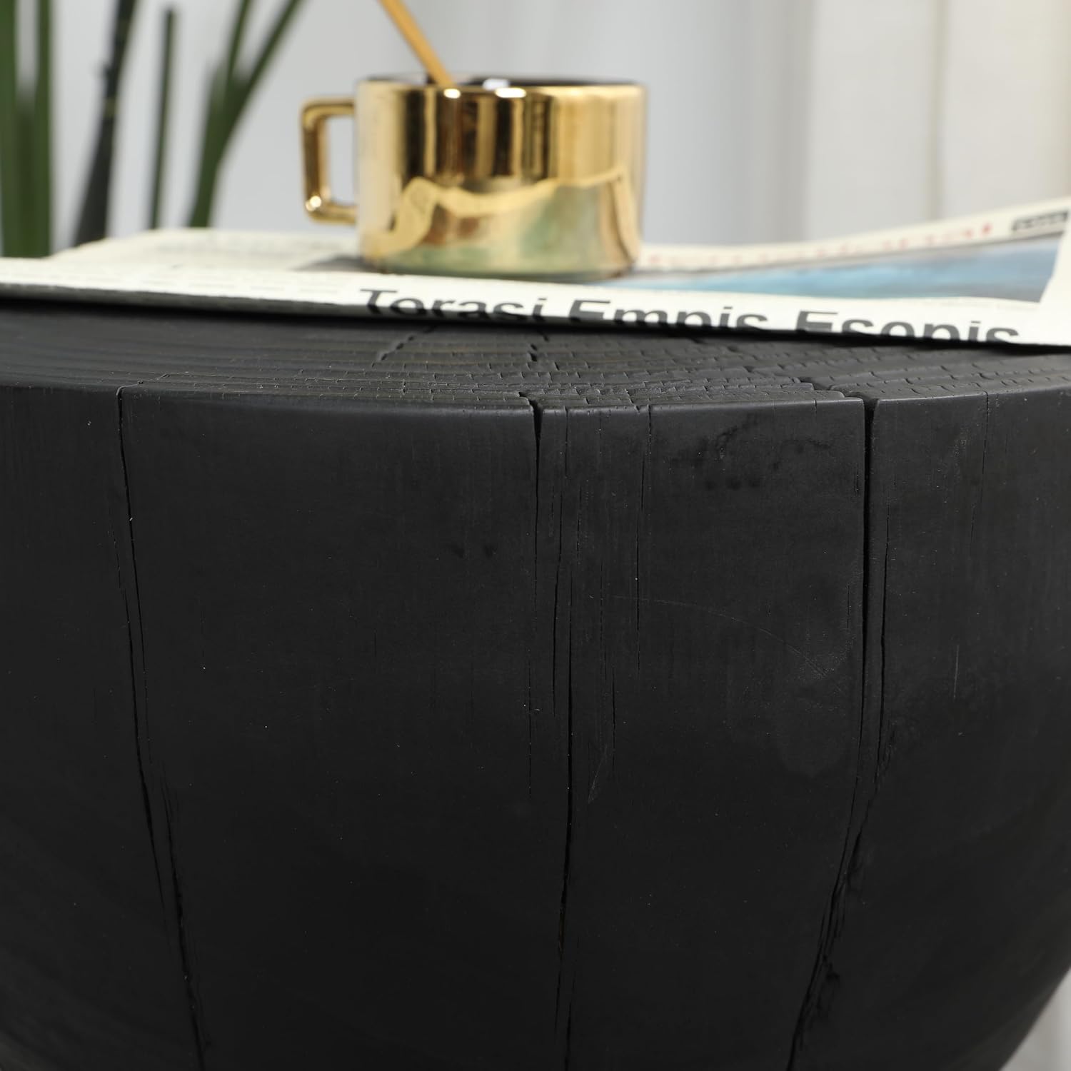 12.2 * 18.11" Solid Mango Wood Round Side Table,Contemporary Wooden Accent Table,Small Circle Plant Stand,Burnt Vintage Cracked End Table for Living Room,Bedroom,Black