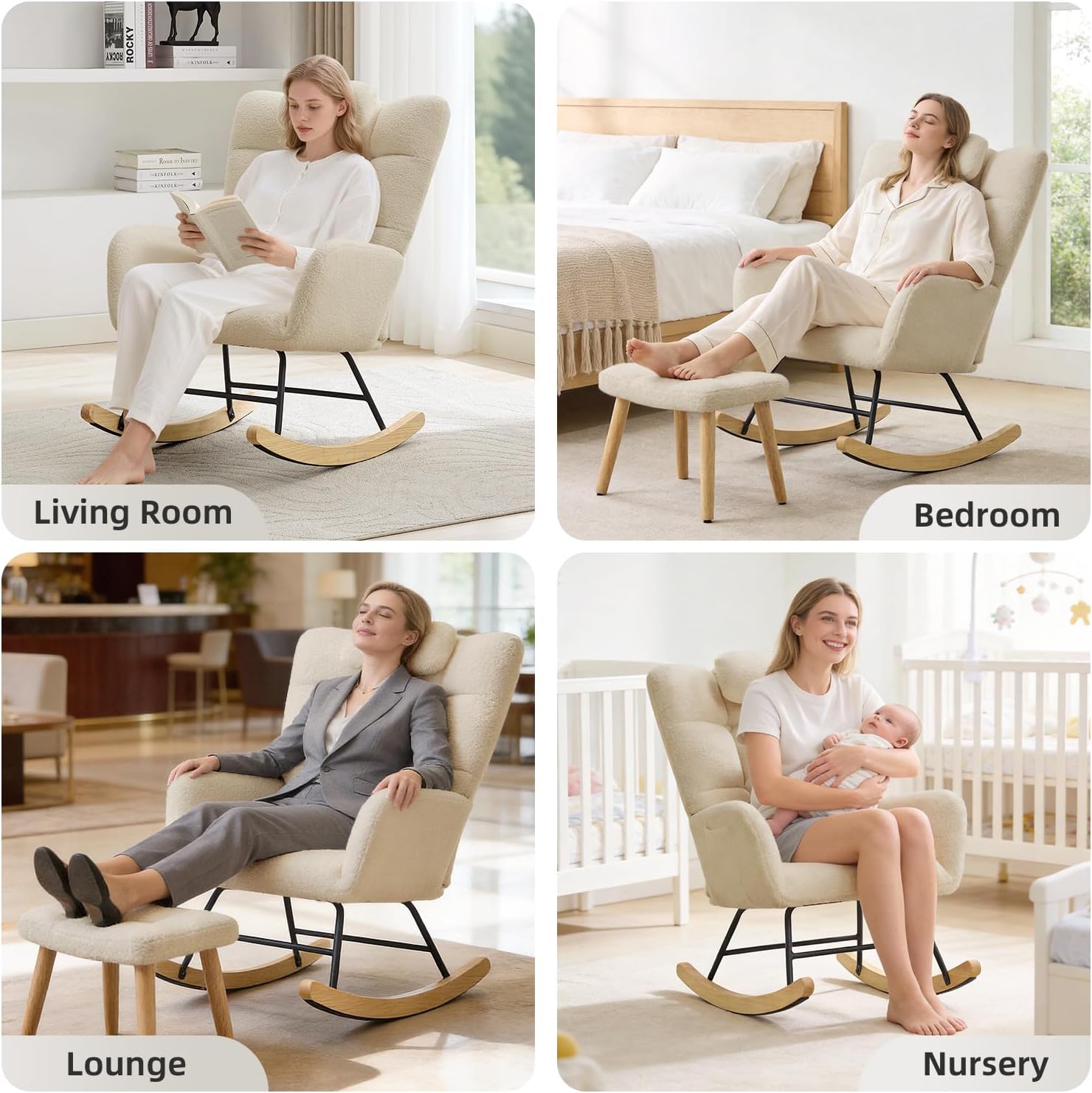 Garvee Nursery Rocking Chair with Ottoman, Teddy Upholstered Glider Rocking Chair with High Backrest, Armchair Reading Chair for Adults, Nursery, Bedroom, Living Room, Office, Beige with Ottoman