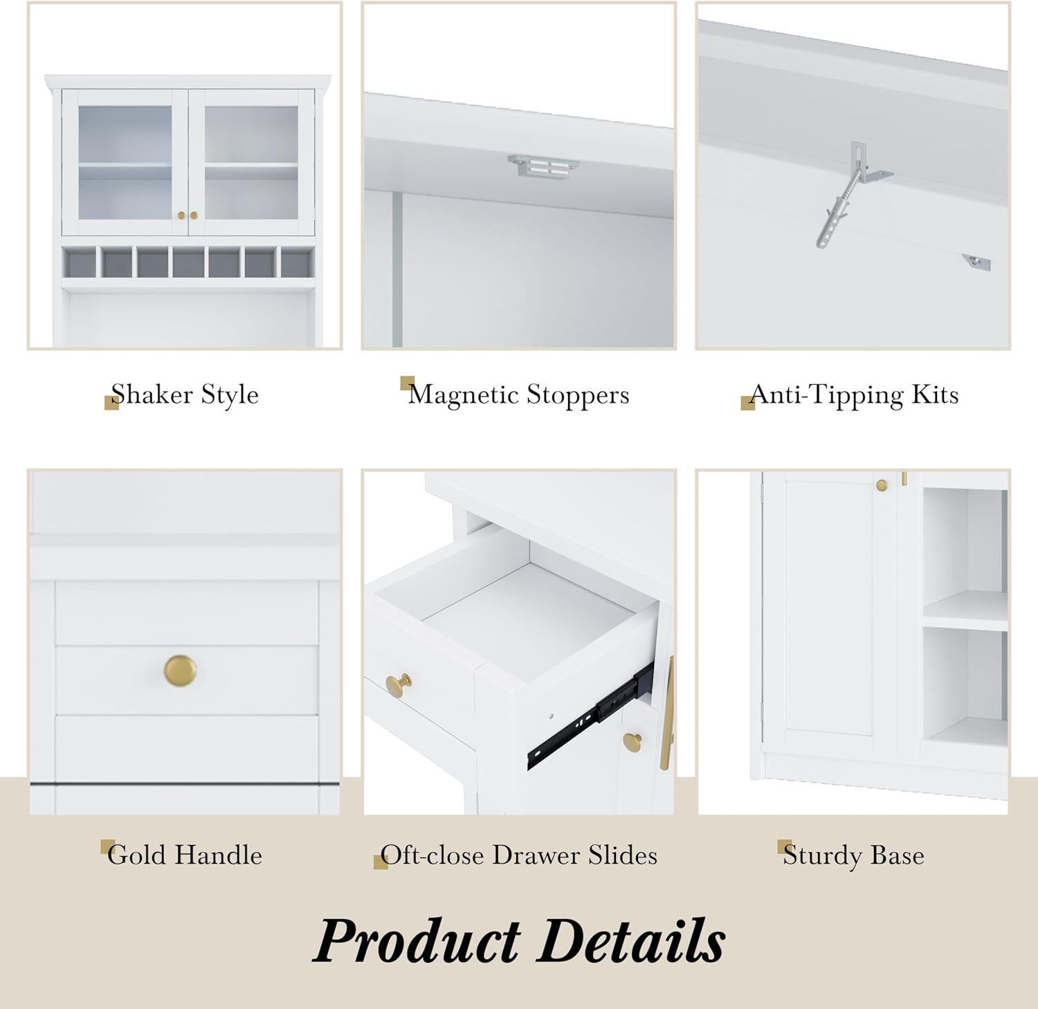 roomfitters Farmhouse Kitchen Pantry Buffet Hutch with Wine Rack and Glass Doors, Tall Storage Cabinet, White