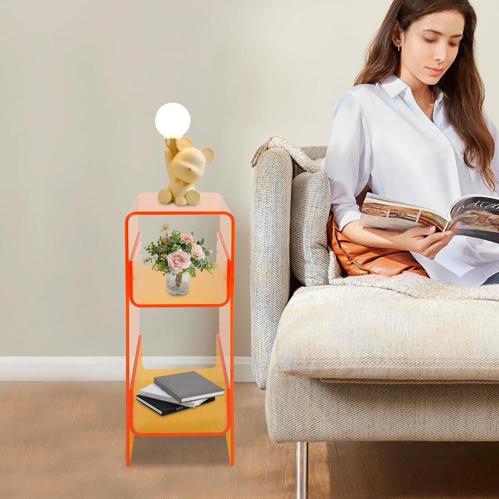 Modern Acrylic Side Table, 3-Tier Small Narrow End Table Slim Nightstand Bedside Table for Bedroom Living Room Bathroom (Orange)